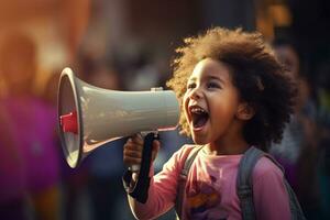 an african american child speaking with a megaphone photo