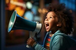 an african american child speaking with a megaphone photo