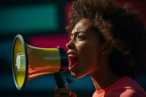 an african american woman speaking with a megaphone photo