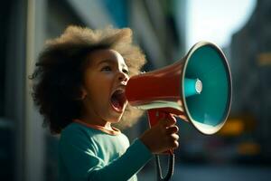 an african american child speaking with a megaphone photo