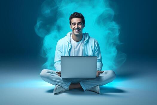 a man is sitting with a laptop in front of clouds photo