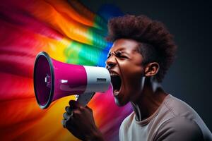 an african american man speaking with a megaphone photo