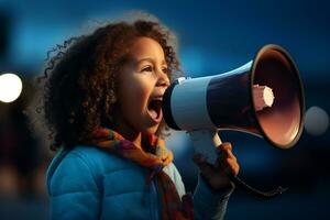 an african american child speaking with a megaphone photo