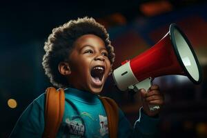 an african american child speaking with a megaphone photo