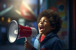 an african american child speaking with a megaphone photo