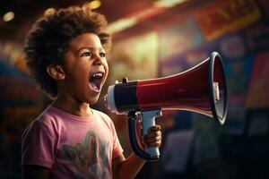 an african american child speaking with a megaphone photo