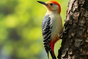 de cerca Disparo de un pelirrojo pájaro carpintero en un árbol, ai generativo foto