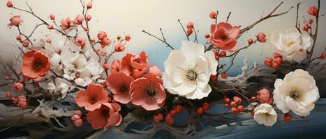 Blossoming branch with red and white flowers. Digital illustration for your design. AI Generated. photo