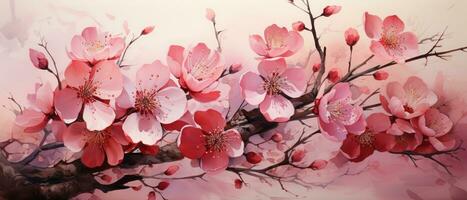 Cherry blossom background with watercolor effect. Digital illustration for your design. AI Generated. photo