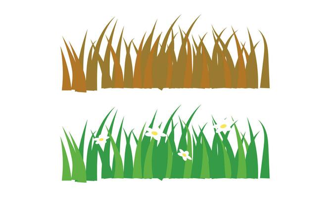 Vector cartoon green meadow grass with flower, herbs and spike ears. spring garden lawn horizontal borders