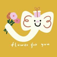 Hand drawn cartoon cat holding hands and sending flowers vector