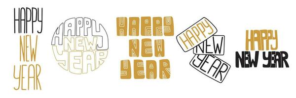 Collection of happy new year lettering. Hand drawn Happy New Year text in gold and black color. Vector illustration.