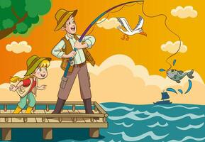 vector illustration of father and kids fishing