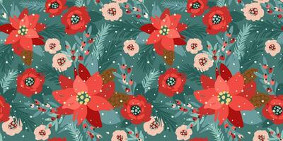 Christmas and Happy New Year seamless pattern. Christmas tree, flowers, berries. New Year symbols. Vector design template.