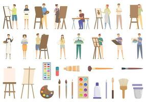 Art classes icons set cartoon vector. Children paint vector