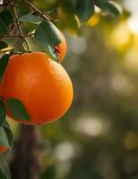 Ripe oranges on tree in the garden. Shallow depth of field. ai generated photo