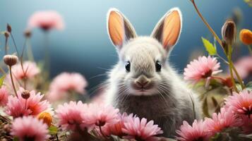 linda pequeño conejito con rosado flores, Pascua de Resurrección antecedentes. digital ilustración de tu diseño. ai generado. foto