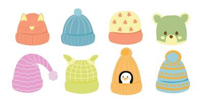 Cartoon set of knitted hats for the autumn and winter seasons for children boys and girls, isolated on a white background. Headwear designs for cold weather. Vector EPS10