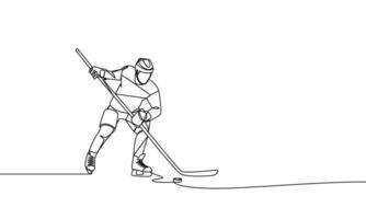 A single continuous drawing of a hockey player on the ice. Hockey. One line drawing vector illustration