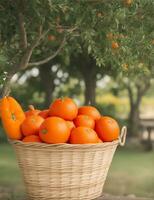 Ripe oranges in a basket on a background of orange trees. ai generated photo