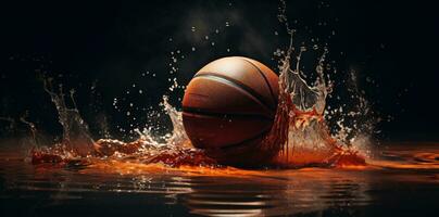 The basketball is in an enclosed splash and being sprayed with water in the background. AI Generative photo