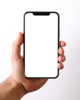 Man hand holding smartphone with blank screen isolated on white gray background. AI Generated png