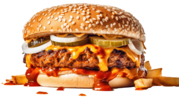 burger mat png transparent formatera. färsk gott kyckling kött ostburgare. ai genererad