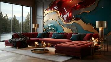 Living room interior design with red sofa, coffee table, coffee table and mountain view. AI Generated. photo