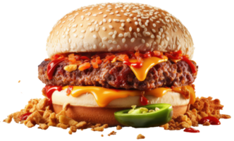 burger mat png transparent formatera. färsk gott kyckling kött ostburgare. ai genererad