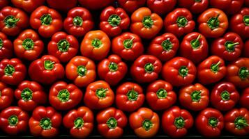 A pile of red and yellow bell peppers on a wooden cutting board. The peppers are arranged in a way that makes the image visually appealing. AI Generative photo