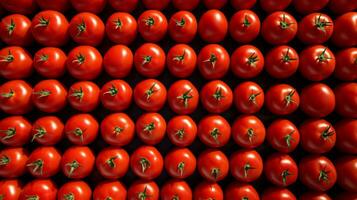 A bunch of red tomatoes on a table. The tomatoes are of different shapes and sizes, creating a visually appealing display. AI Generative photo