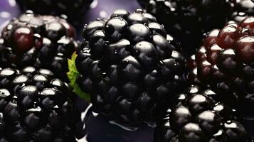 A close-up of a bunch of blackberries  ripe and juicy  on a branch. AI Generative photo