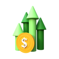 3d conception dans statistique, flèche, en haut, planant, monnaie, données, augmenter, amélioration, en cours d'analyse, économie, et financier. png