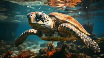 A sea turtle glides gracefully through the water. AI Generative photo