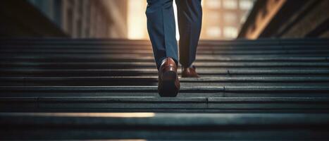 Close-up of a businessman's shoes sprinting up the stairs. AI Generative photo