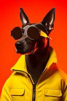 Ai generated cool dog with fashionable clothes and wearing sunglasses. Simple animal creative concept isolated on colorful background. photo
