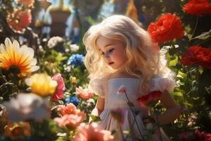 Ai generated little blonde girl in outdoor flower garden, with landscape full or flowers. Bright and sunny day photo