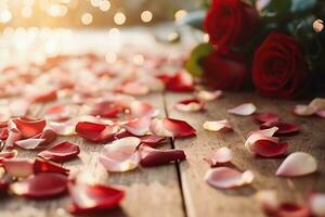 romántico antecedentes para San Valentín día, Boda día. Rosa pétalos en un de madera piso, dorado Bokeh. foto