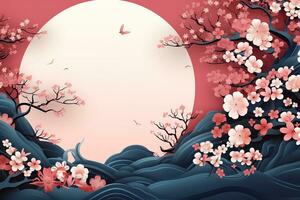 Chinese background with flowers and mountains. Chinese landscape in paper cut style. Chinese New Year photo