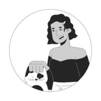 Girl latina petting domestic kitten black and white 2D vector avatar illustration. Hispanic lady cat head scratching outline cartoon character face isolated. Pet lover female flat user profile image