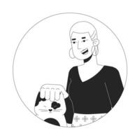 Short haired caucasian woman petting cat head black and white 2D vector avatar illustration. Pet lover outline cartoon character face isolated. Veterinarian scratches kitten flat user profile image