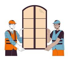 Window installers holding frame 2D linear cartoon characters. Diverse men construction workers isolated line vector people white background. Window fitters work together color flat spot illustration