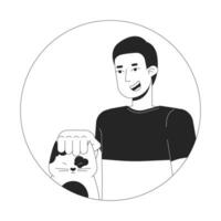 Caucasian guy gently petting cat black and white 2D vector avatar illustration. European pet owner outline cartoon character face isolated. Kitten being petted. Vet male flat user profile image