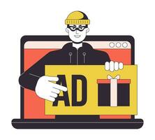 Advertising fraud laptop flat line concept vector spot illustration. Cyber thief. Click on prize. Intruder 2D cartoon outline character on white for web UI design. Editable isolated color hero image