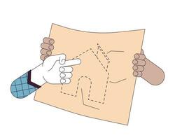 Suggesting changes to blueprint home linear cartoon character hands illustration. Brainstorming building project outline 2D vector image, white background. Improvement editable flat color clipart