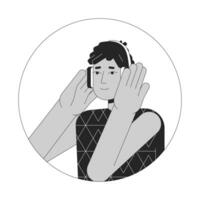 Headphones hispanic guy black and white 2D vector avatar illustration. Dreads latino listening to music beats outline cartoon character face isolated. Podcast listener male flat user profile image