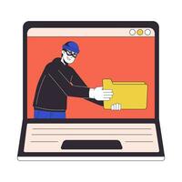 Cyber thief holding folder laptop screen flat line concept vector spot illustration. Stealing data 2D cartoon outline object on white for web UI design. Editable isolated color hero image