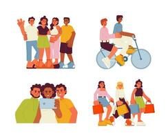 Friends activities semi flat color vector characterss set. Spending time together. Friendships. Editable full body people on white. Simple cartoon spot illustrations collection for web graphic design