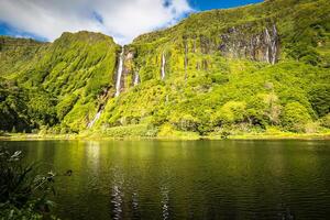 Azores landscape with waterfalls and cliffs in Flores island. Portugal. photo