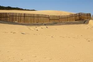 Wooden fences on deserted beach dunes in Tarifa, Spain photo